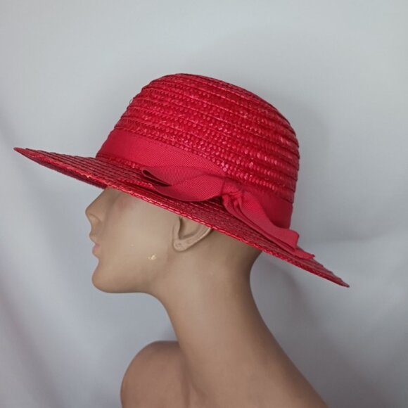 Vintage Red Straw Hat with Ribbon & Bow. - Picture 1 of 8